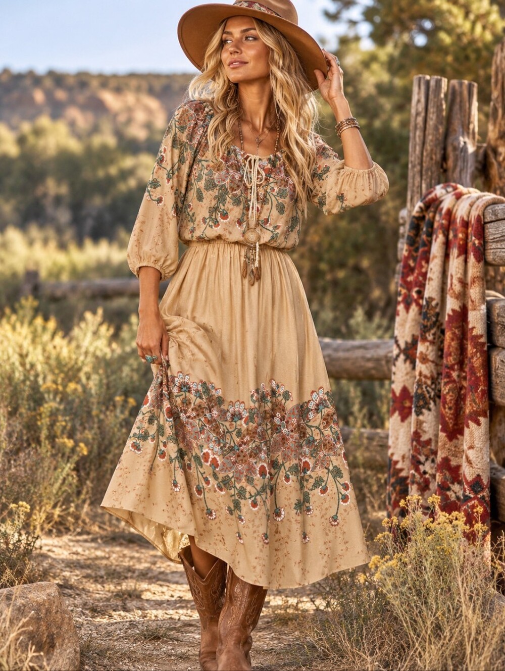 VINTAGE 1970s Dress Womens Small Beige Floral Boho Prairie Midi Peasant Festival